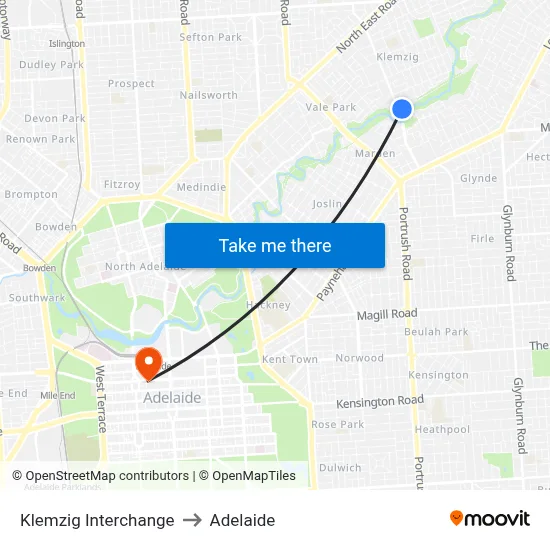 Klemzig Interchange to Adelaide map