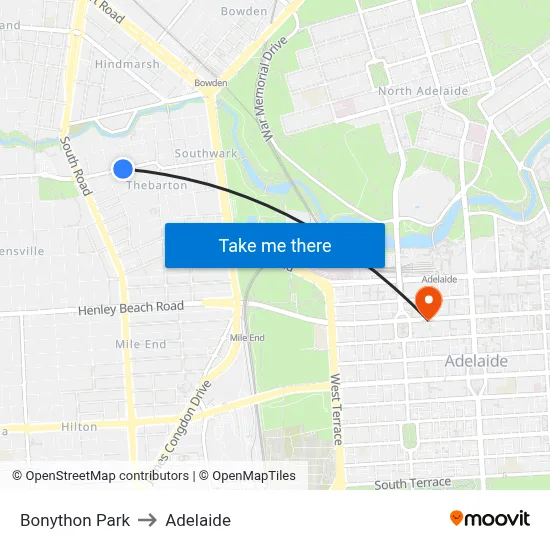 Bonython Park to Adelaide map