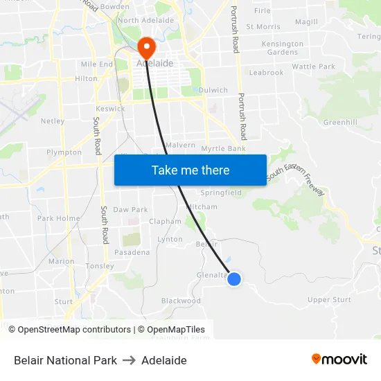 Belair National Park to Adelaide map