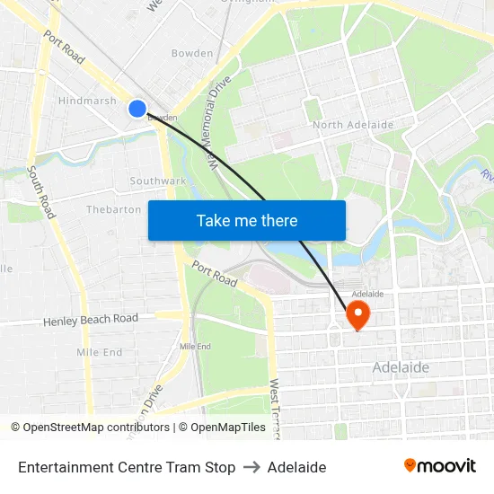 Entertainment Centre Tram Stop to Adelaide map