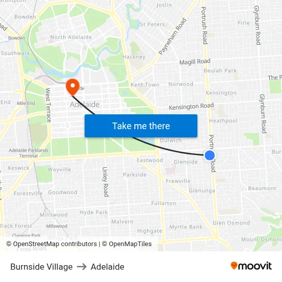 Burnside Village to Adelaide map