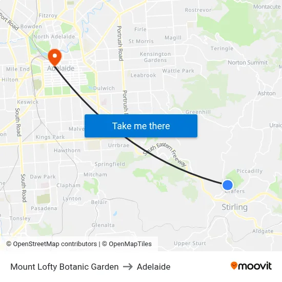 Mount Lofty Botanic Garden to Adelaide map