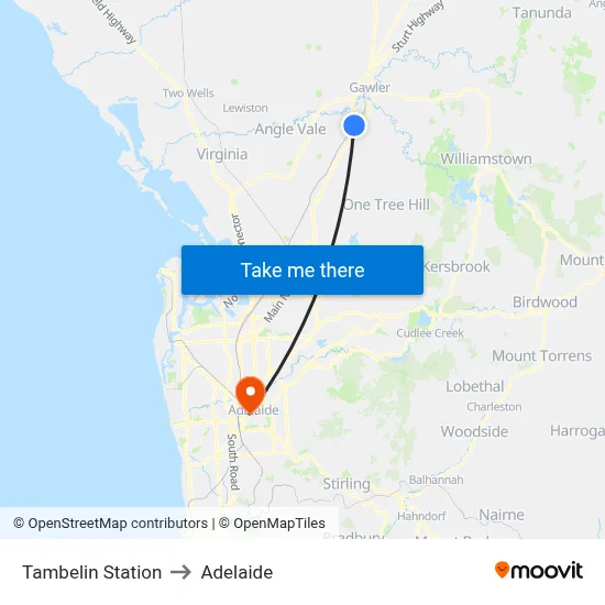 Tambelin Station to Adelaide map