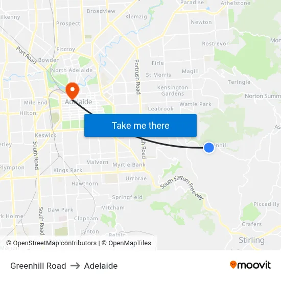 Greenhill Road to Adelaide map