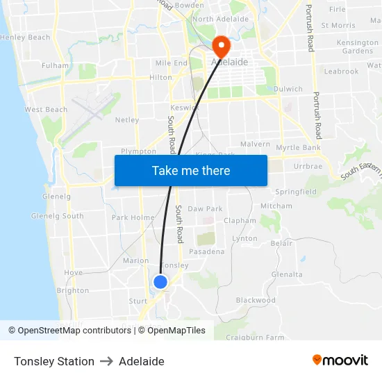 Tonsley Station to Adelaide map