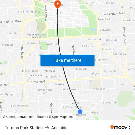 Torrens Park Station to Adelaide map