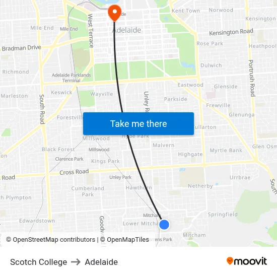Scotch College to Adelaide map