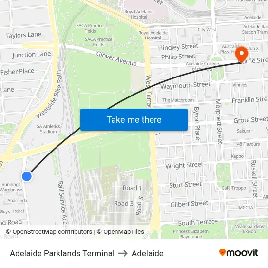 Adelaide Parklands Terminal to Adelaide map