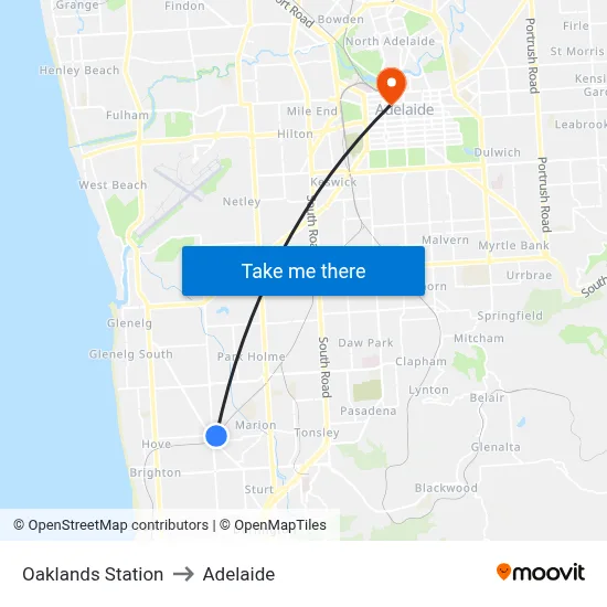 Oaklands Station to Adelaide map