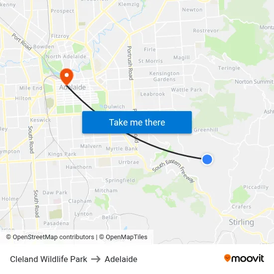 Cleland Wildlife Park to Adelaide map