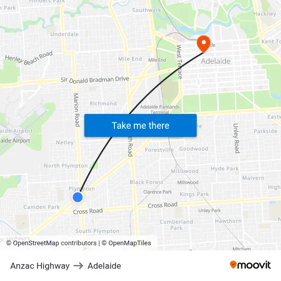 Anzac Highway to Adelaide map
