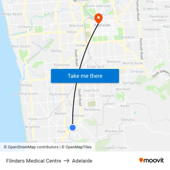 Flinders Medical Centre to Adelaide map