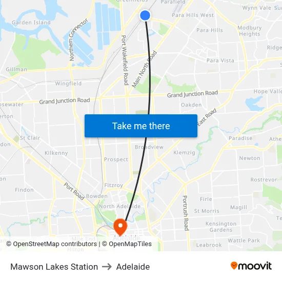 Mawson Lakes Station to Adelaide map