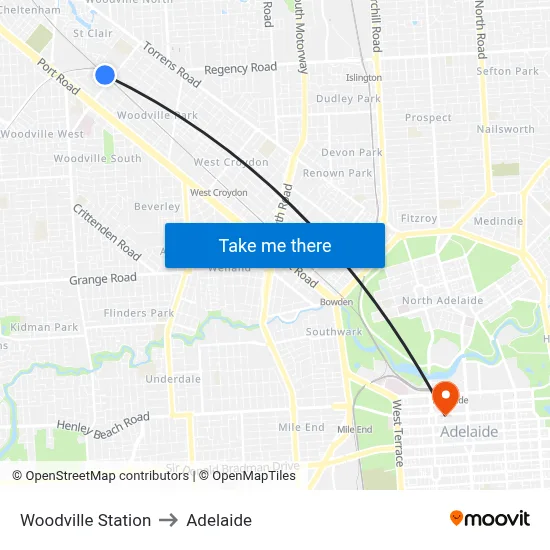 Woodville Station to Adelaide map