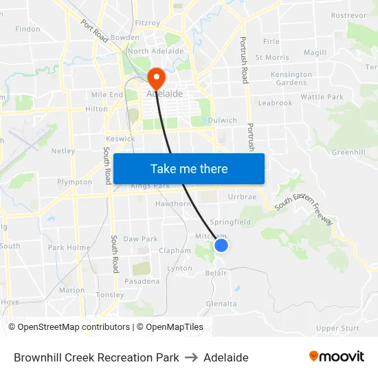 Brownhill Creek Recreation Park to Adelaide map
