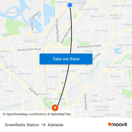 Greenfields Station to Adelaide map