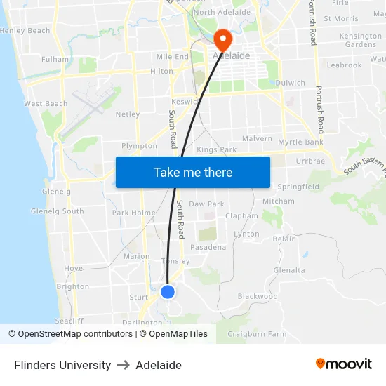 Flinders University to Adelaide map