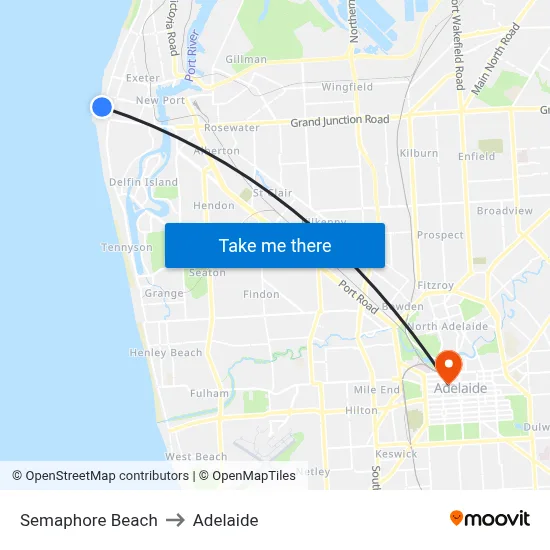 Semaphore Beach to Adelaide map