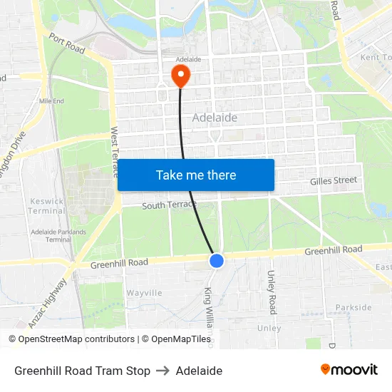 Greenhill Road Tram Stop to Adelaide map