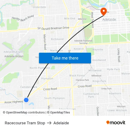 Racecourse Tram Stop to Adelaide map