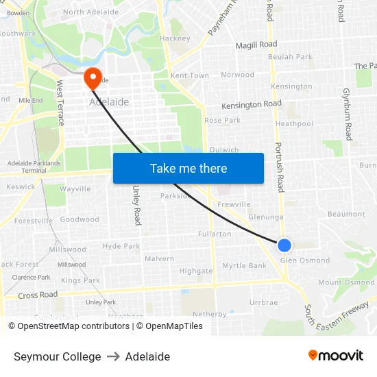 Seymour College to Adelaide map