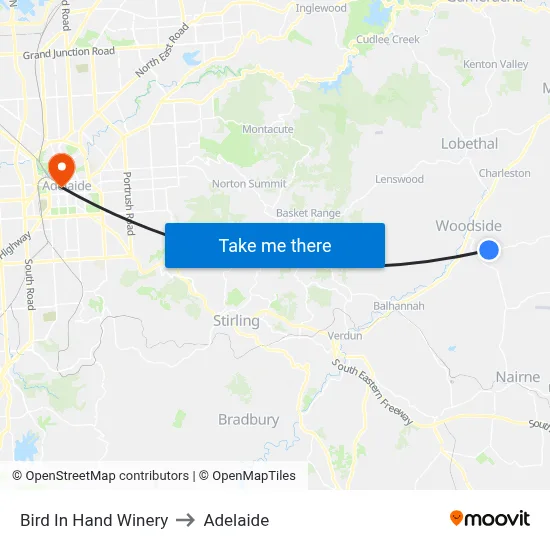 Bird In Hand Winery to Adelaide map