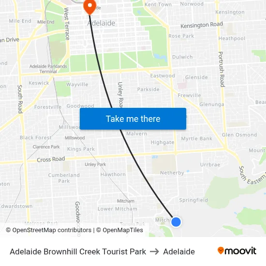 Adelaide Brownhill Creek Tourist Park to Adelaide map