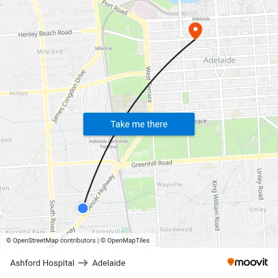 Ashford Hospital to Adelaide map
