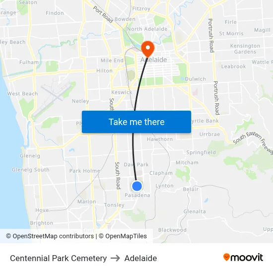 Centennial Park Cemetery to Adelaide map