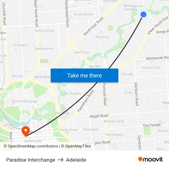 Paradise Interchange to Adelaide map