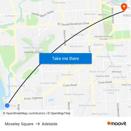 Moseley Square to Adelaide map