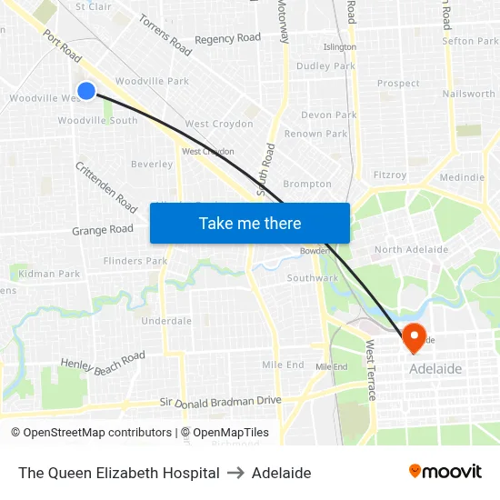 The Queen Elizabeth Hospital to Adelaide map