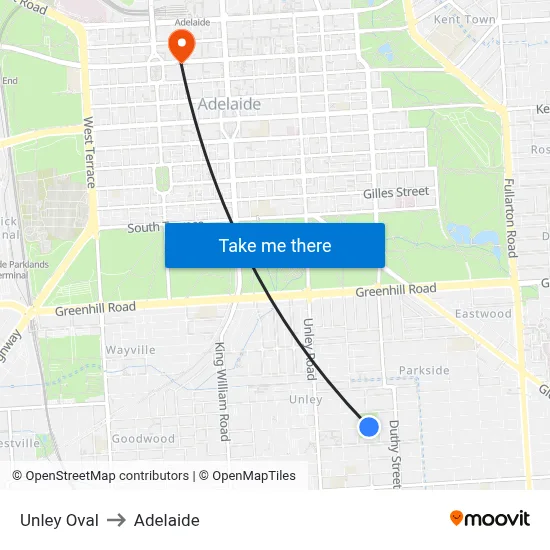 Unley Oval to Adelaide map