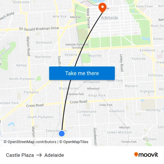 Castle Plaza to Adelaide map