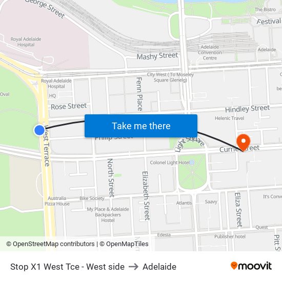 Stop X1 West Tce - West side to Adelaide map