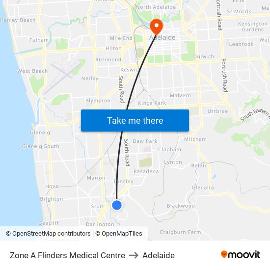 Zone A Flinders Medical Centre to Adelaide map