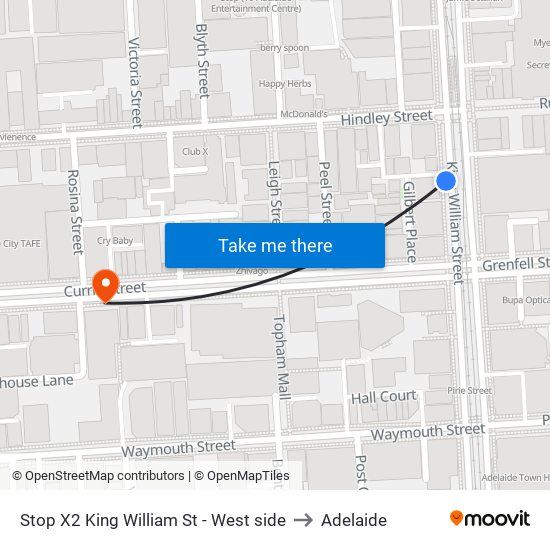 Stop X2 King William St - West side to Adelaide map