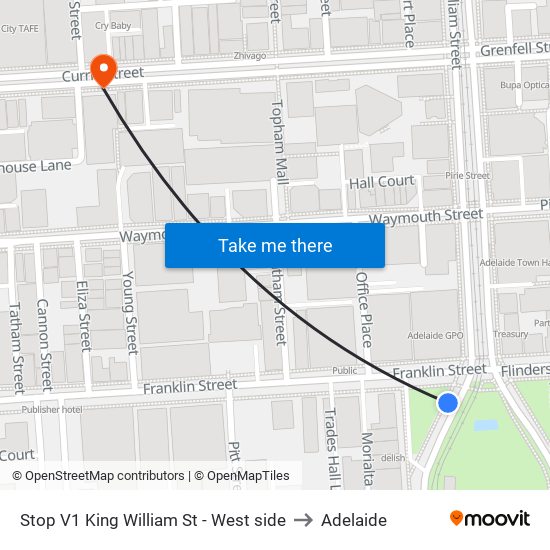 Stop V1 King William St - West side to Adelaide map