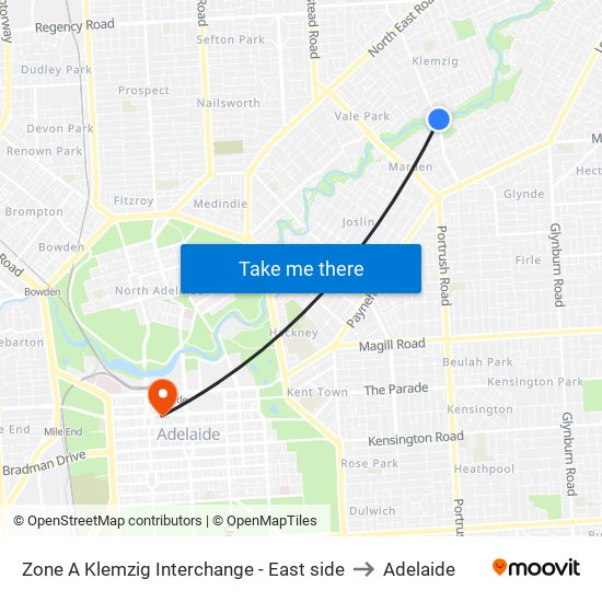 Zone A Klemzig Interchange - East side to Adelaide map