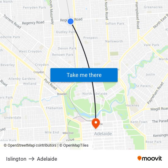 Islington to Adelaide map