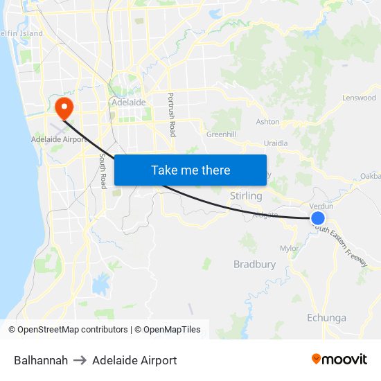 Balhannah to Adelaide Airport map