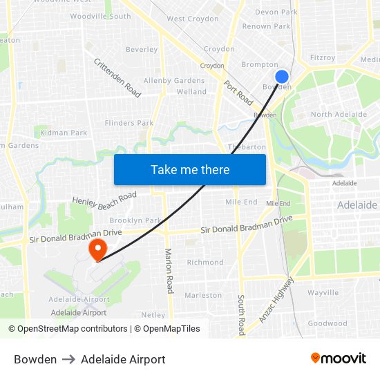 Bowden to Adelaide Airport map