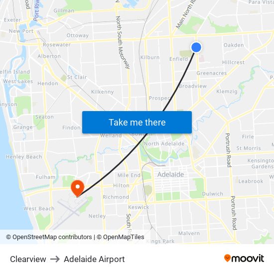 Clearview to Adelaide Airport map