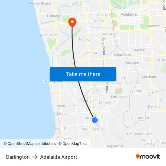 Darlington to Adelaide Airport map