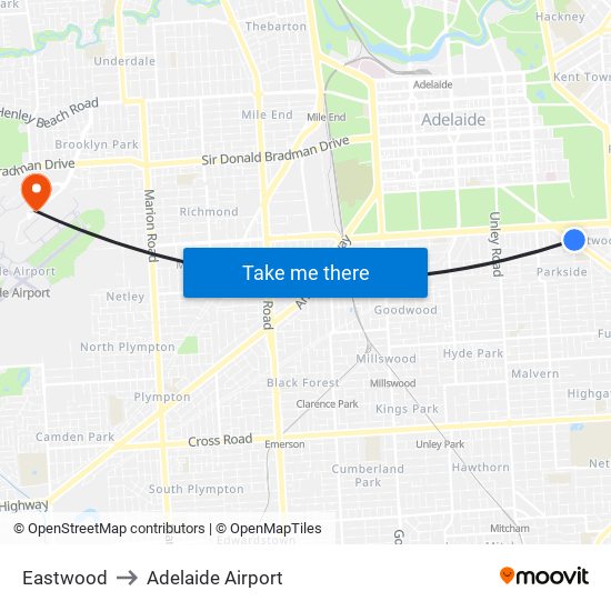 Eastwood to Adelaide Airport map