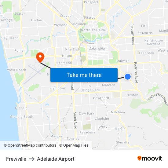 Frewville to Adelaide Airport map