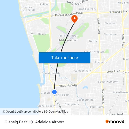 Glenelg East to Adelaide Airport map