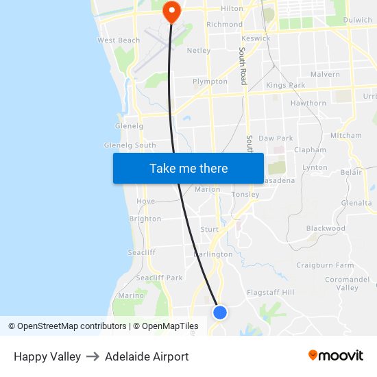 Happy Valley to Adelaide Airport map