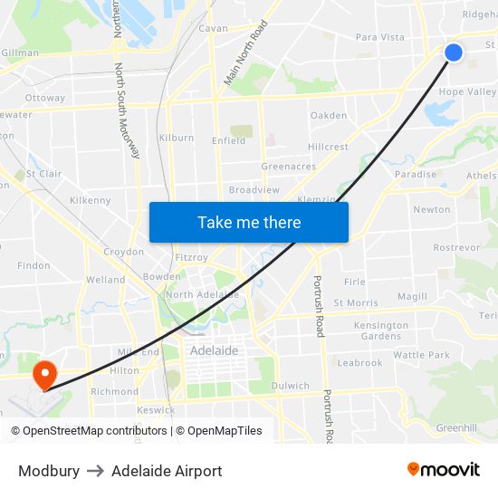 Modbury to Adelaide Airport map