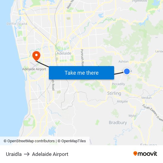 Uraidla to Adelaide Airport map